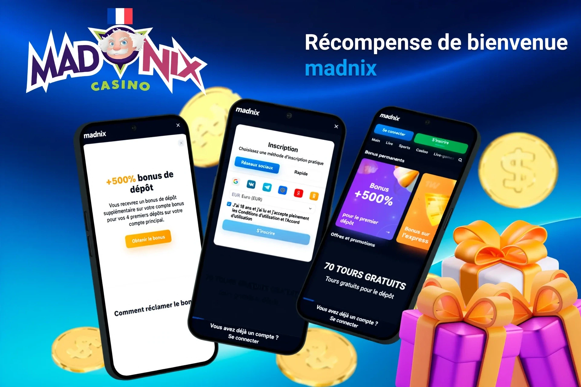 Écrans mobiles affichant l'inscription Madnix et le bonus de dépôt de 100% jusqu'à 50€ avec des coffrets cadeaux