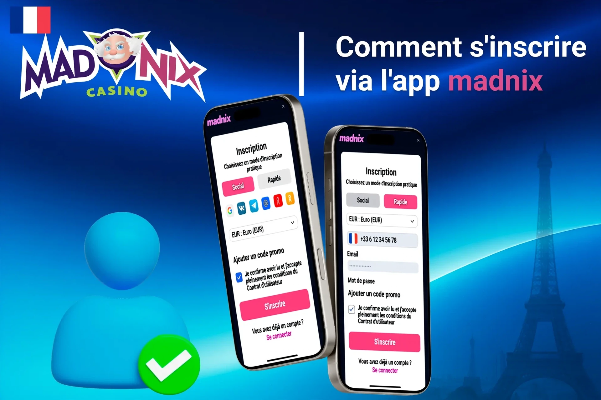 Processus d'inscription sur l'application mobile Madnix avec options de connexion sociale