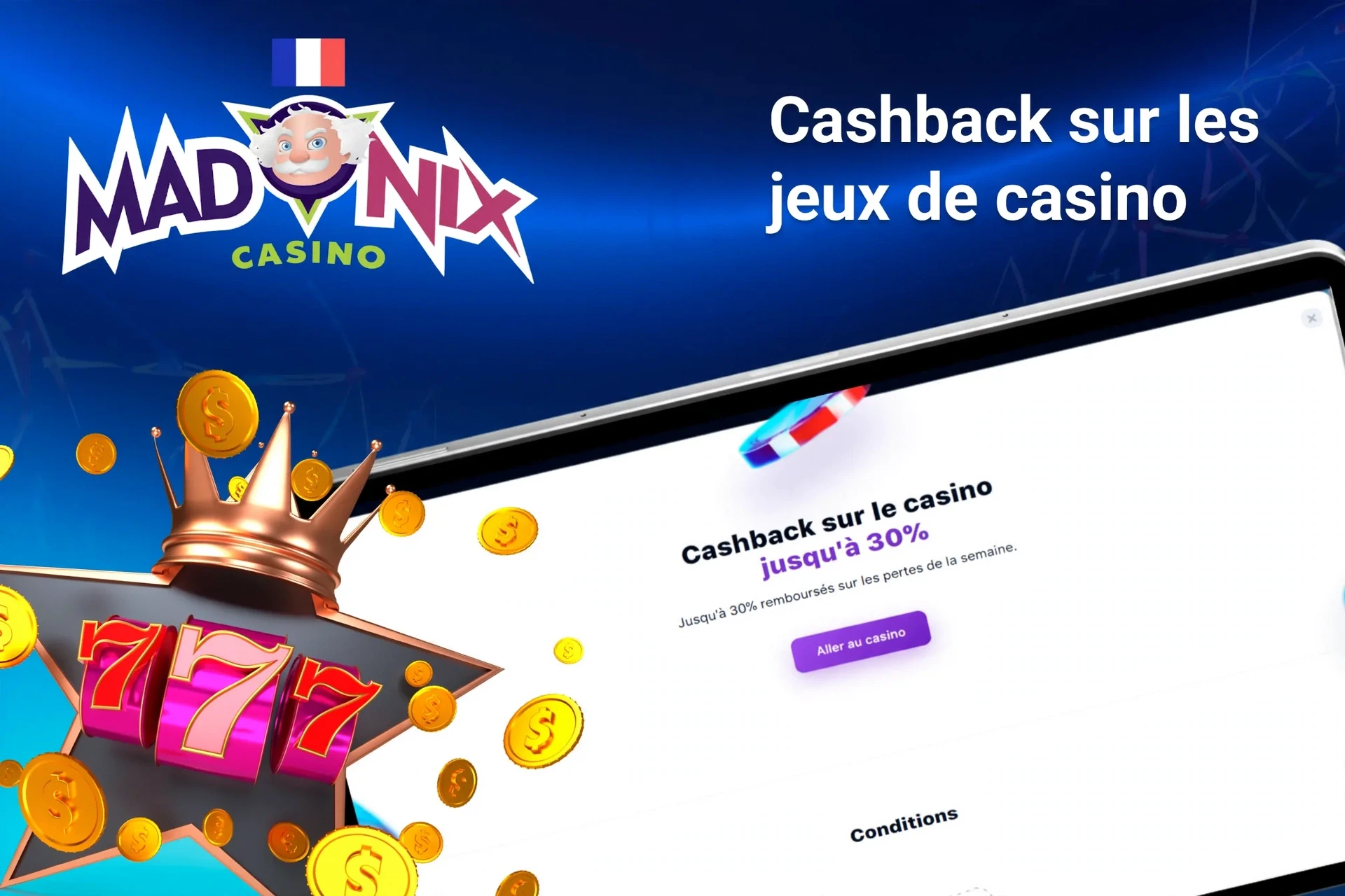 Application mobile avec offre de rakeback poker Madnix jusqu'à 50 %, dés rouges et cartes à jouer