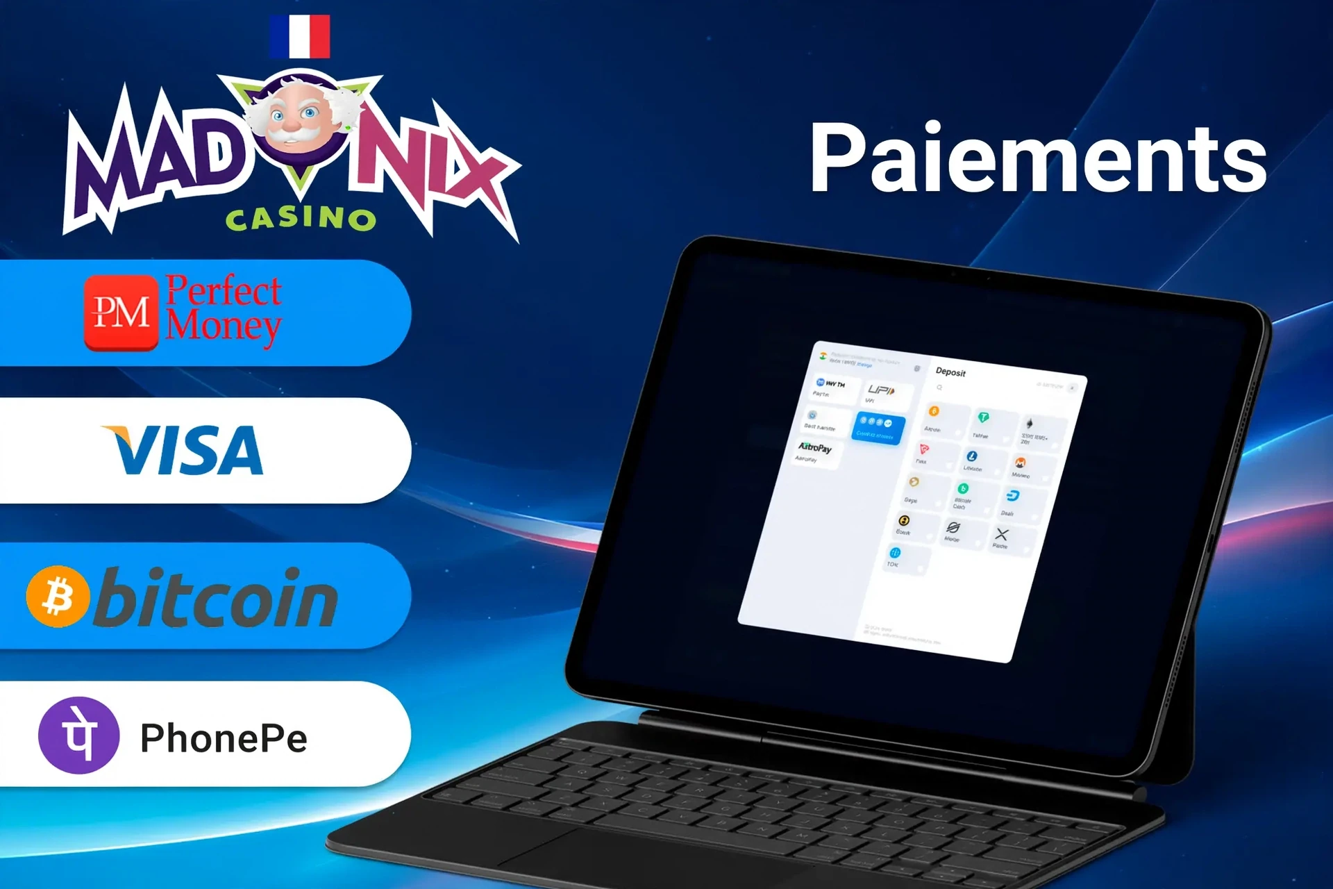 Méthodes de paiement Madnix incluant Perfect Money, Visa, Bitcoin et Neosurf pour des transactions rapides et sécurisées
