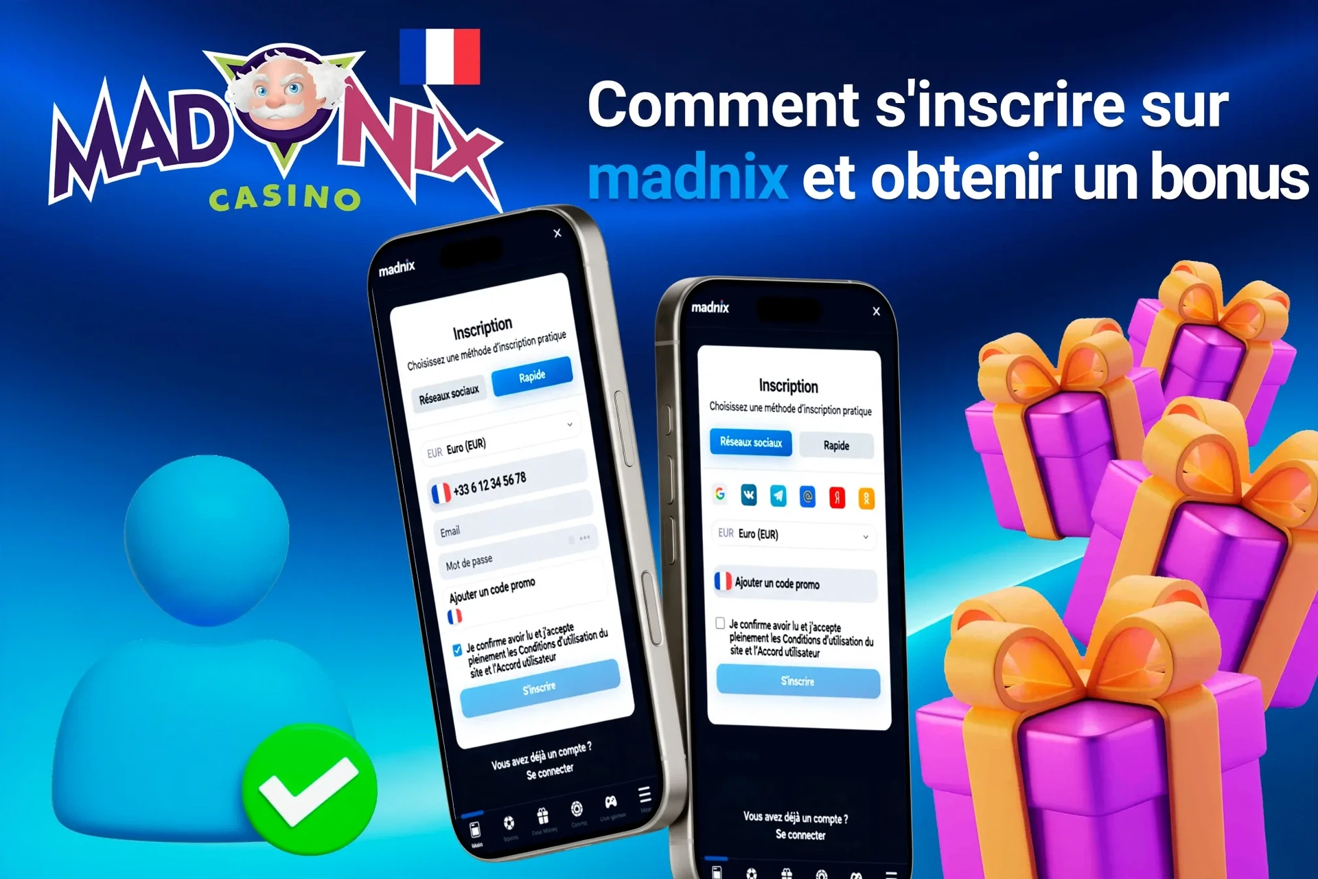 Page d'inscription mobile pour Madnix affichant des offres de bonus avec des boîtes cadeaux violettes et dorées