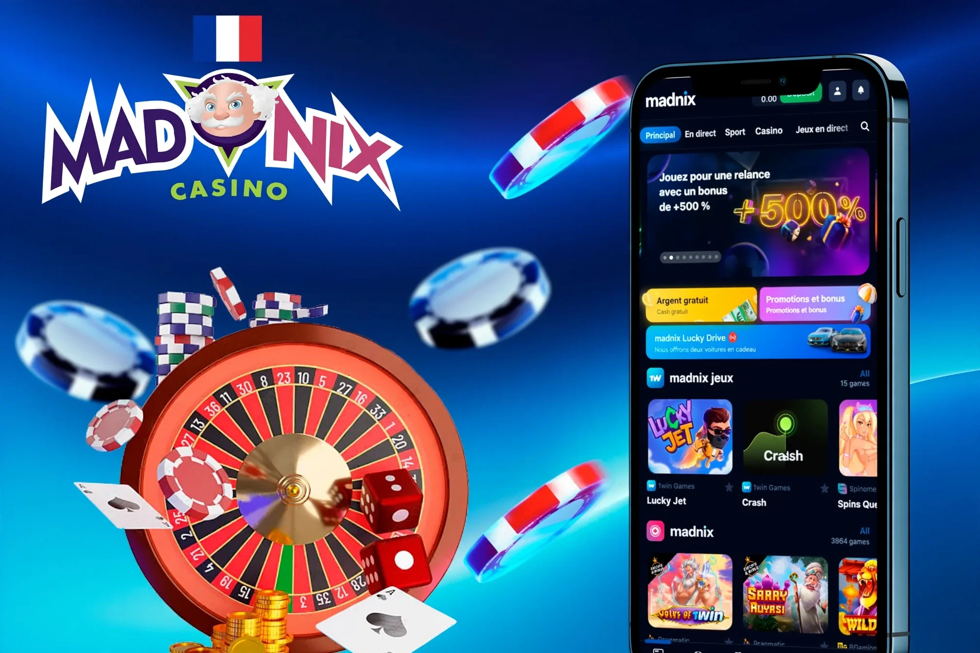 Version mobile de l'application Madnix affichée sur des smartphones, offrant un accès rapide à diverses fonctionnalités de paris et de jeux