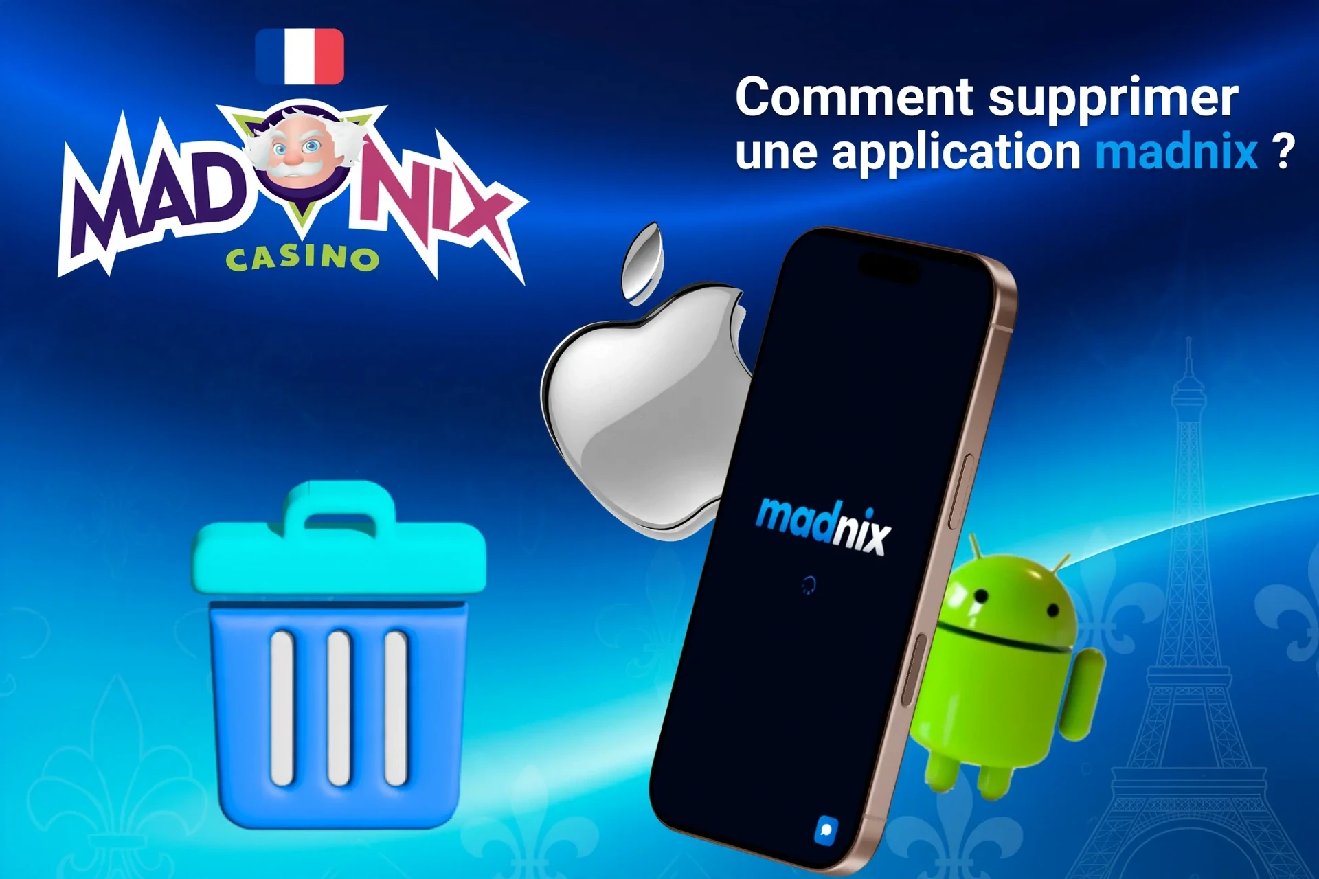 Instructions pour supprimer l'application depuis des appareils iOS et Android, illustrées avec des icônes d'applications