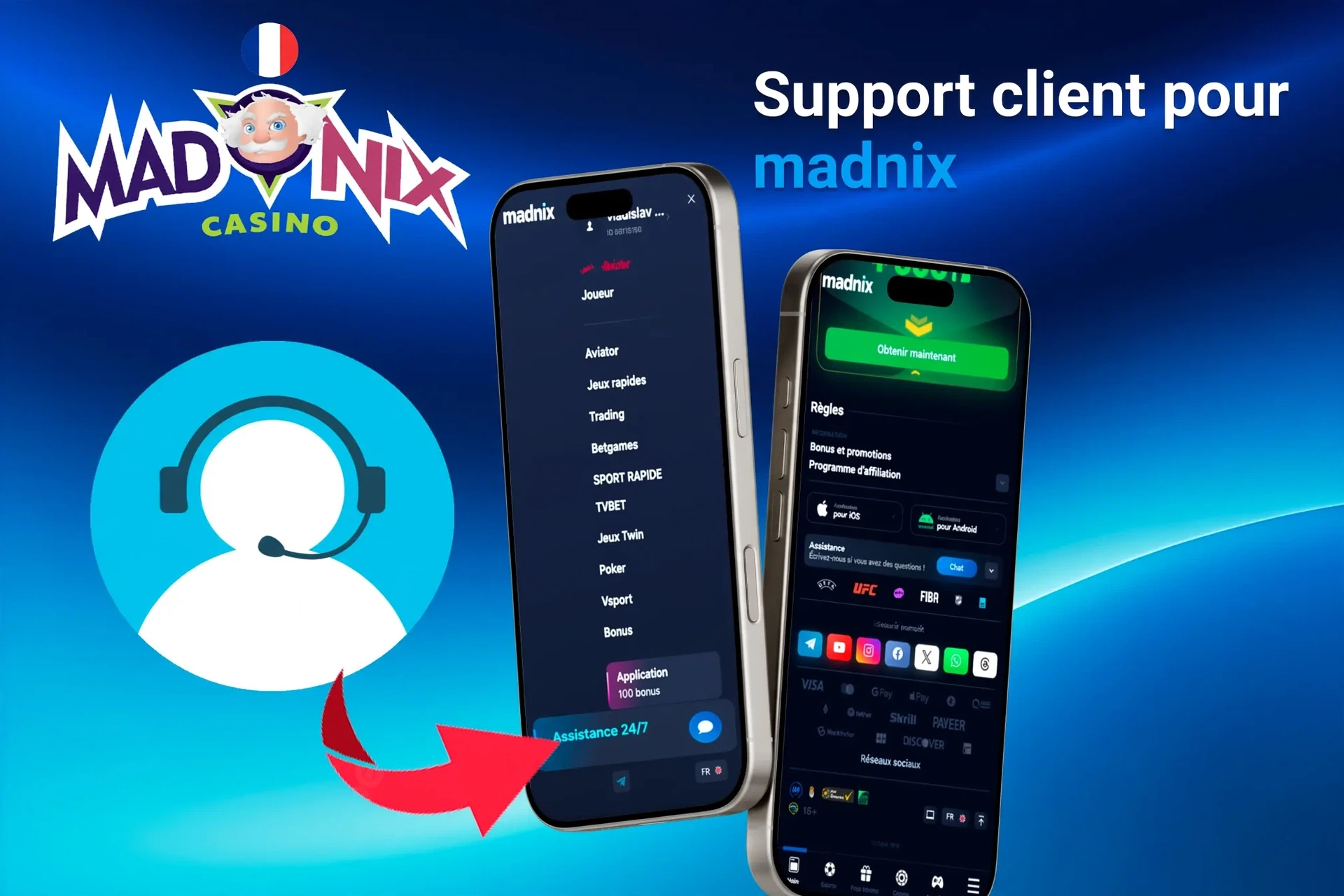 Fonction d'assistance client pour l'application, mettant en avant les options de contact via l'application