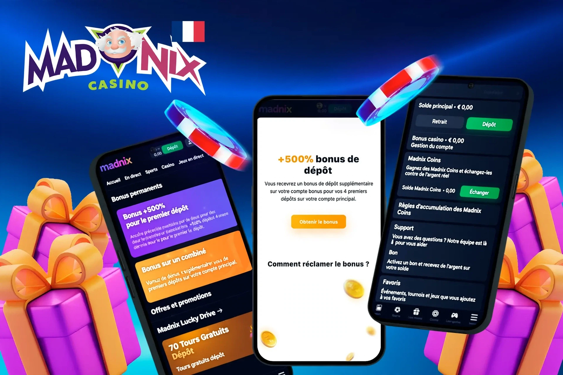 application montrant comment réclamer un bonus de dépôt de 100 % jusqu’à 50 € et 50 tours gratuits sur mobile avec des éléments de jeu colorés