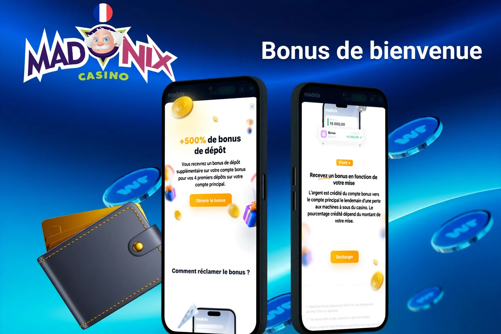 écran du bonus de bienvenue Madnix avec +100% dépôt jusqu'à 50 € et 50 tours gratuits affiché sur deux écrans mobiles
