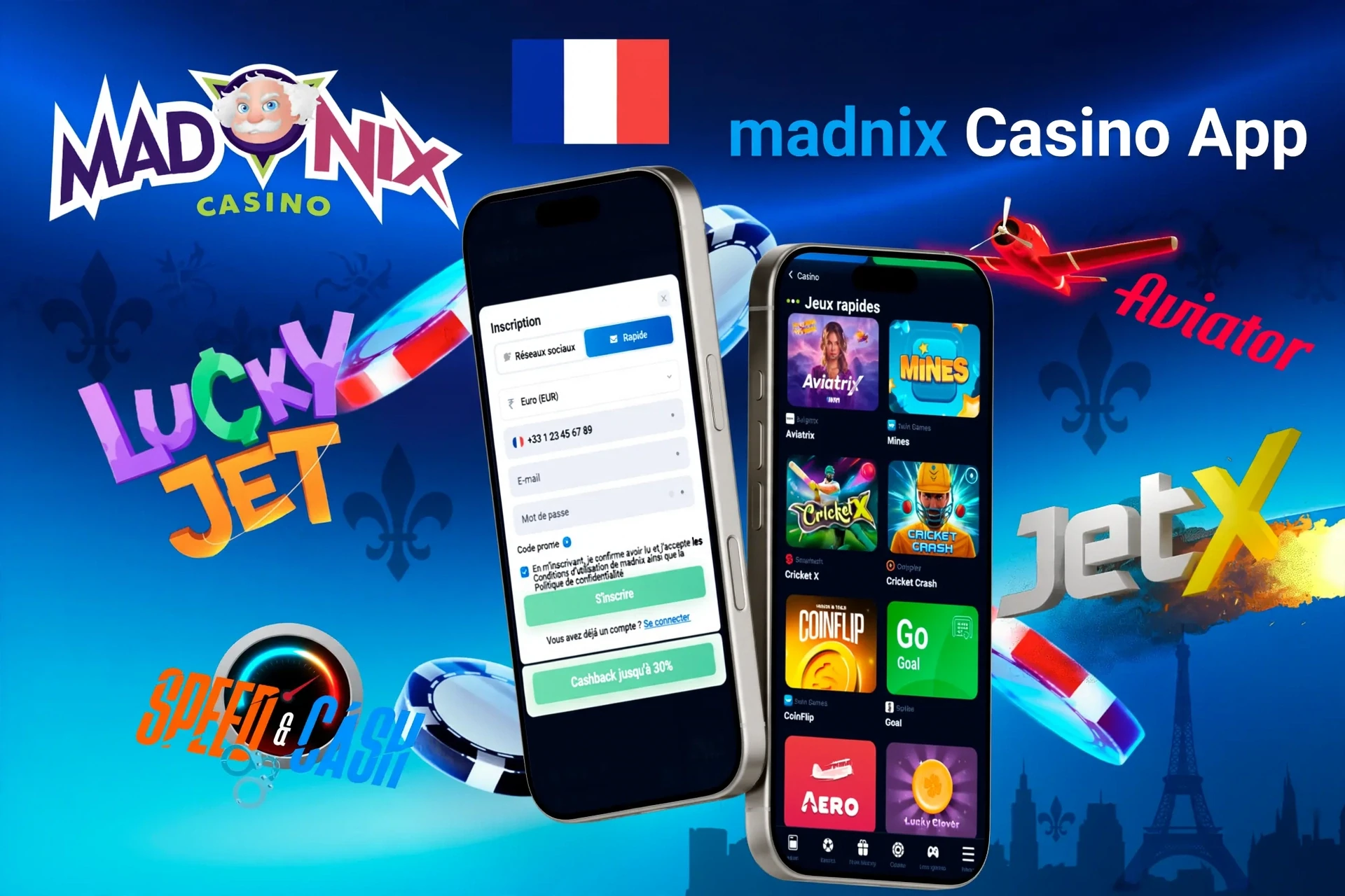 Écran d'inscription de l'application Casino Madnix avec des jeux rapides comme Aviatrix et JetX
