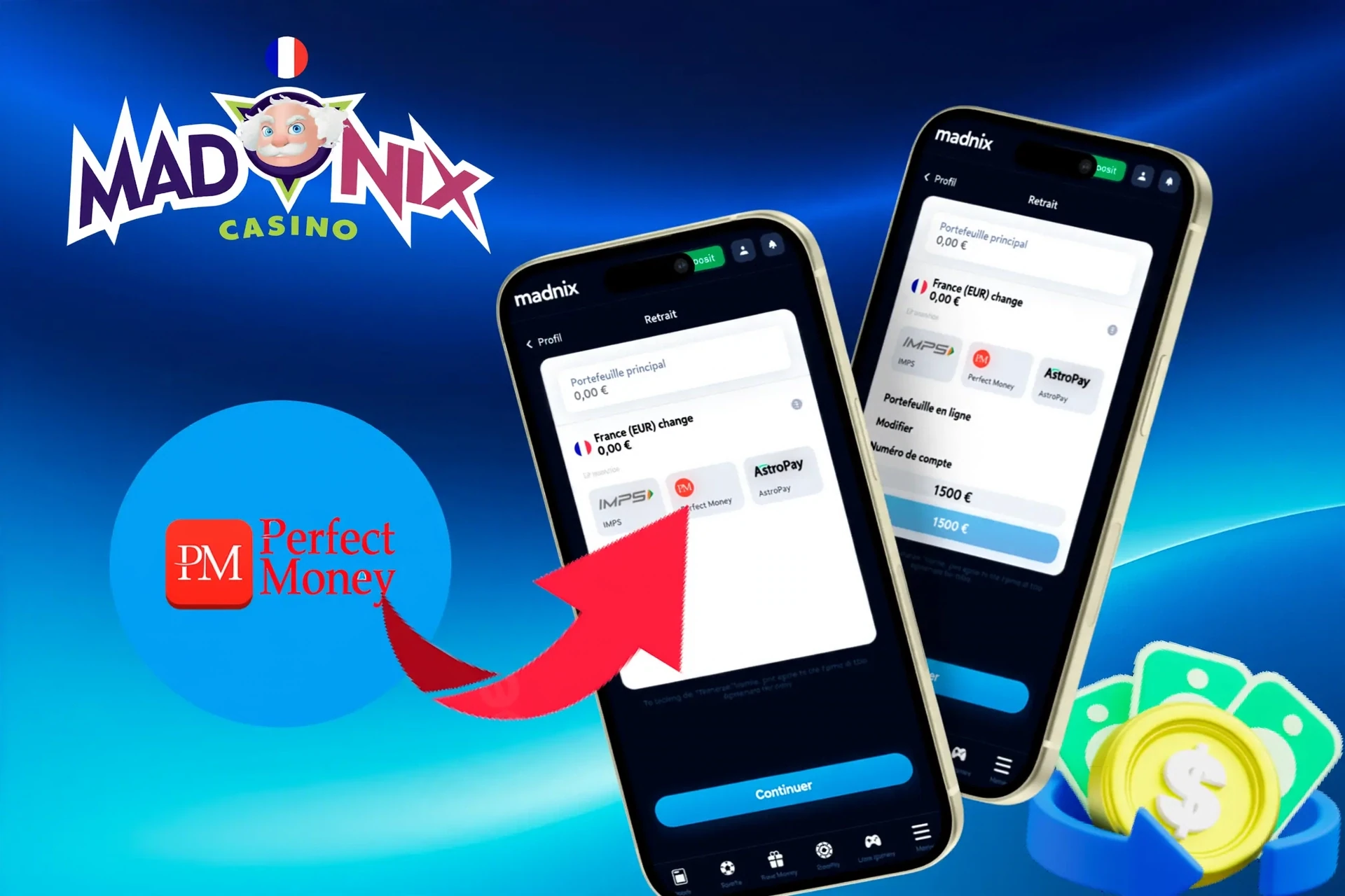 options de retrait, présentant Perfect Money, AstroPay et d'autres services de portefeuille, affichées sur une interface mobile