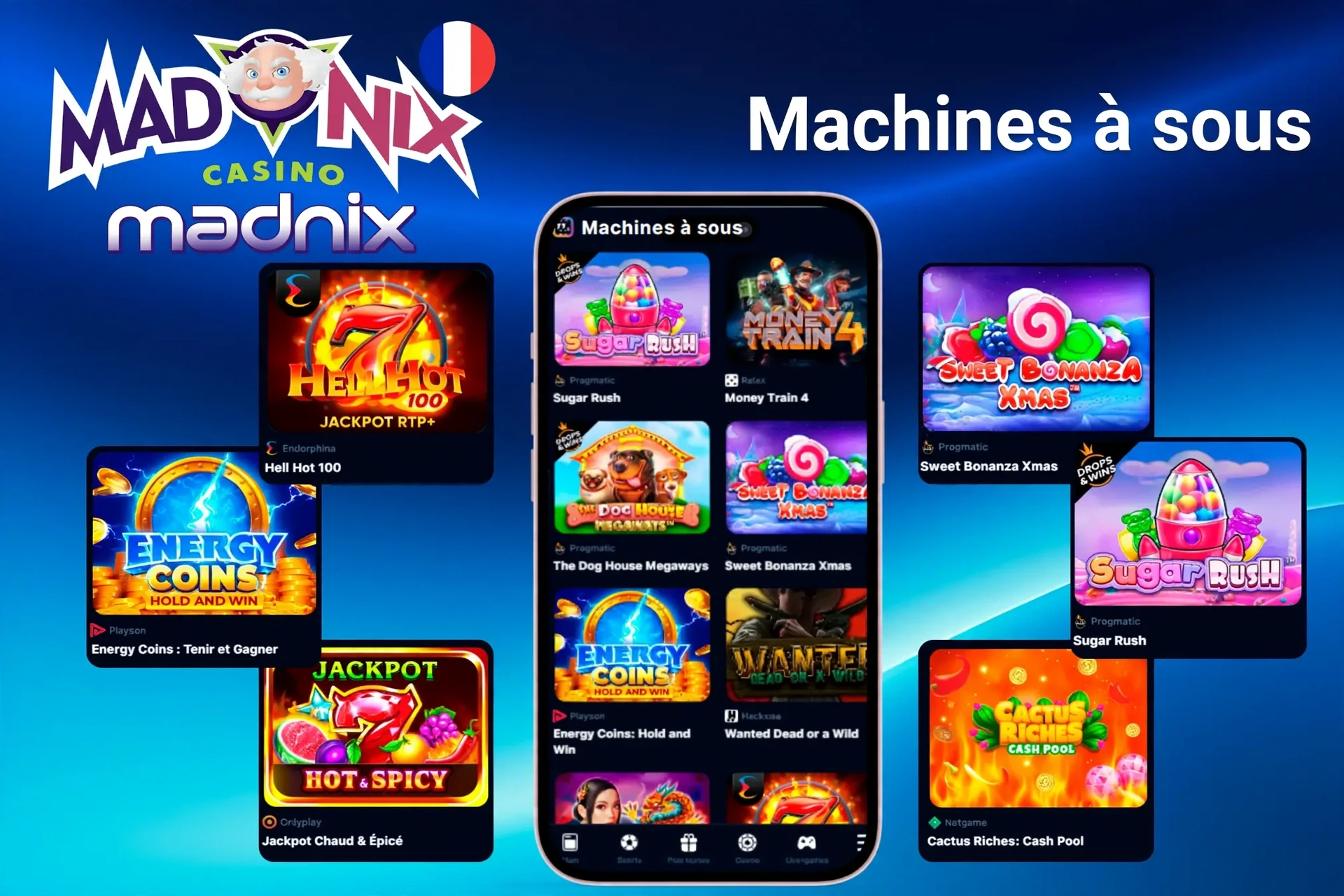 Jeux de machines à sous présentant des titres populaires comme Sugar Rush, Energy Coins et Hell Hot 100 sur mobile et ordinateur de bureau
