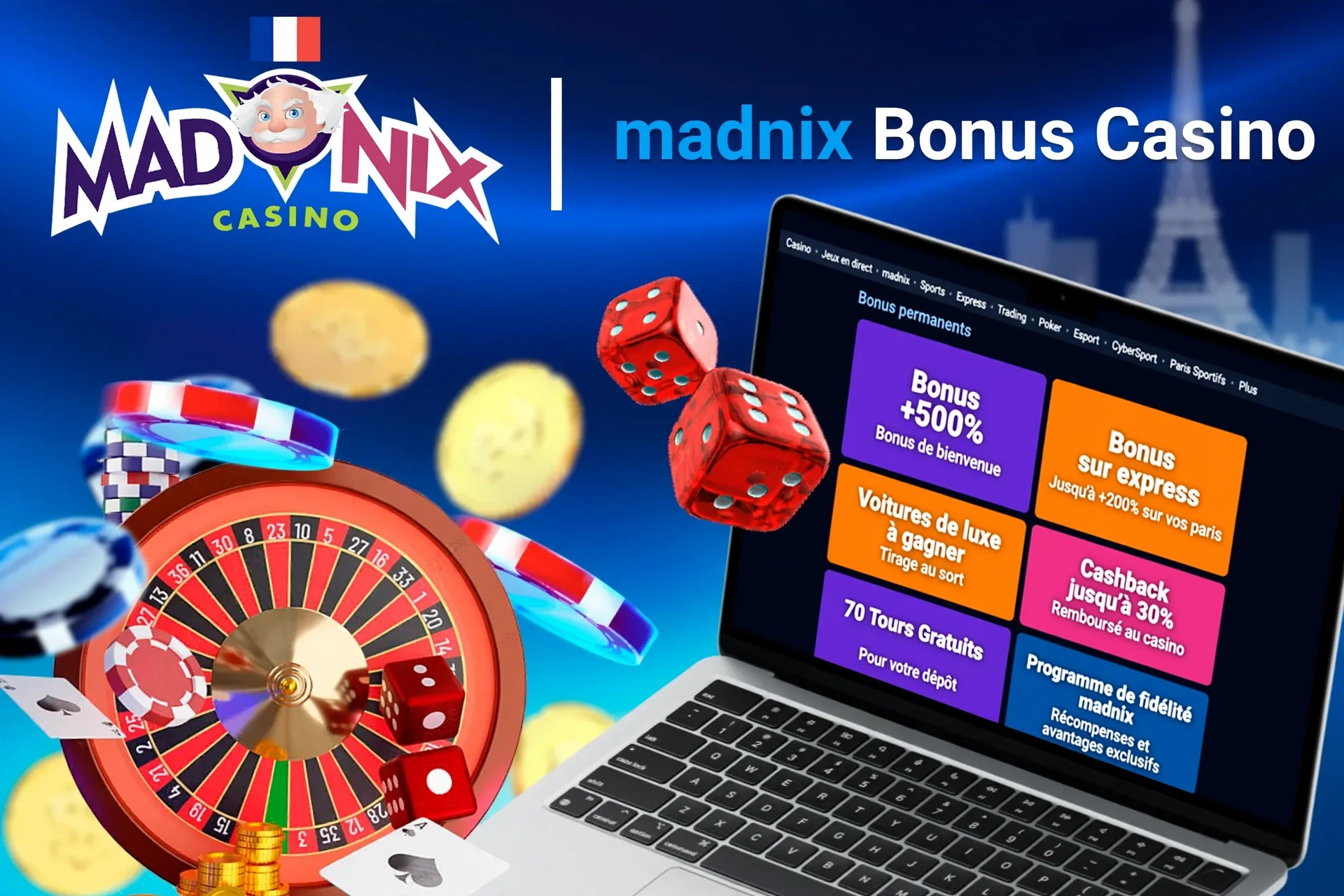 Écran d'ordinateur montrant divers bonus du casino Madnix avec roulette, dés et jetons de poker