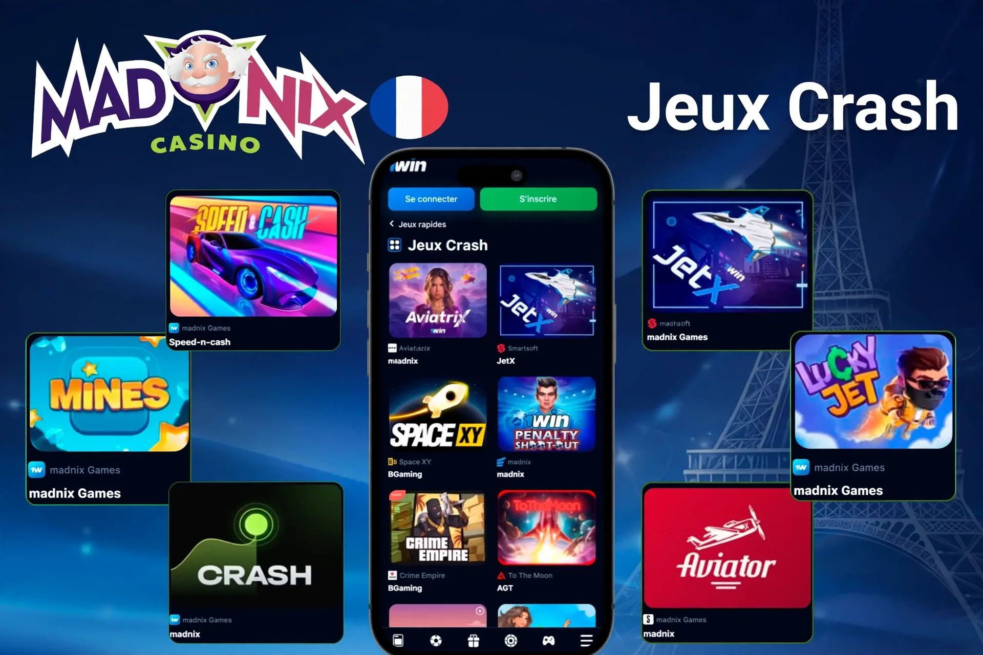 jeux crash tels que Mines, Speed-n-cash, JetX et Lucky Jet affichés sur l'application mobile