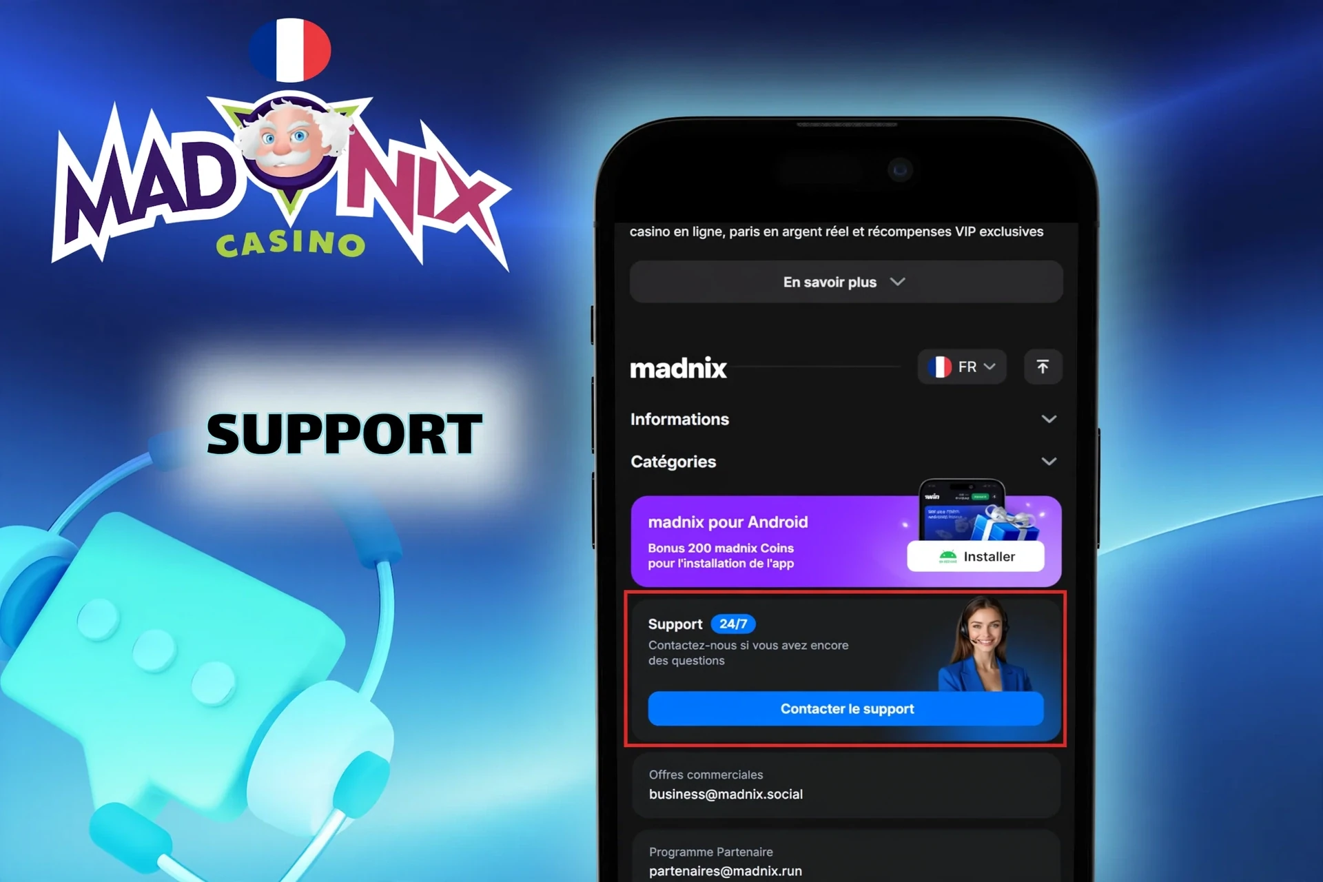 Assistance clientèle Madnix — chat en direct, e-mail et conseils pour résoudre les problèmes.