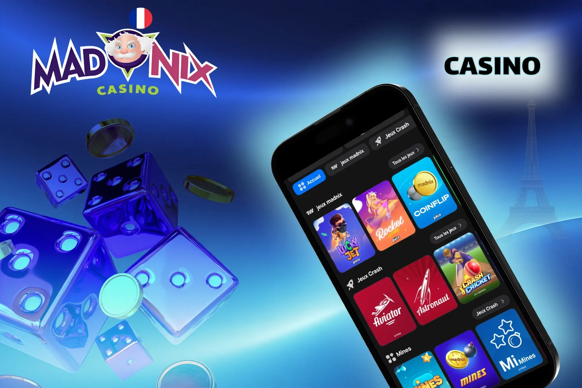 Section du casino Madnix présentant des machines à sous populaires et des jeux de table des meilleurs fournisseurs.